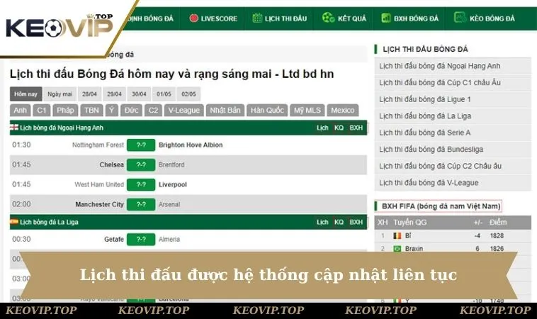 lich thi dau duoc he thong cap nhat lien tuc Lịch thi đấu được hệ thống cập nhật liên tục